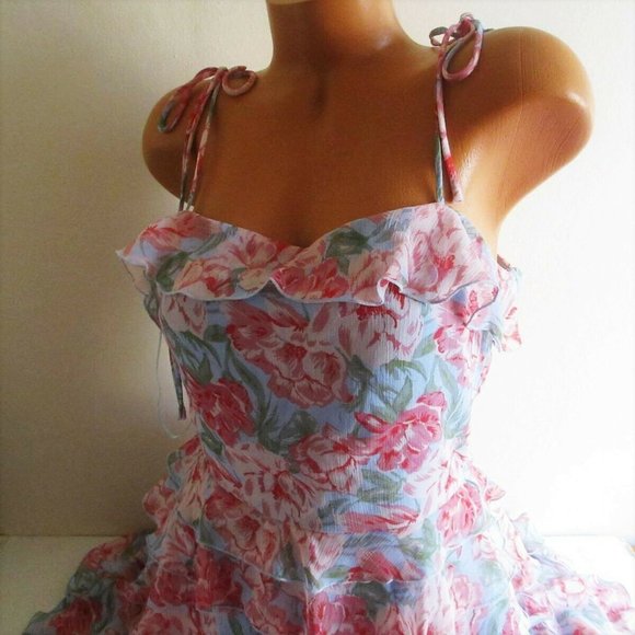 WAYF Chiffon Tiered Ruffle Dress Midi Plus Size 1X Tie Shoulder Blue Pink - Picture 7 of 10